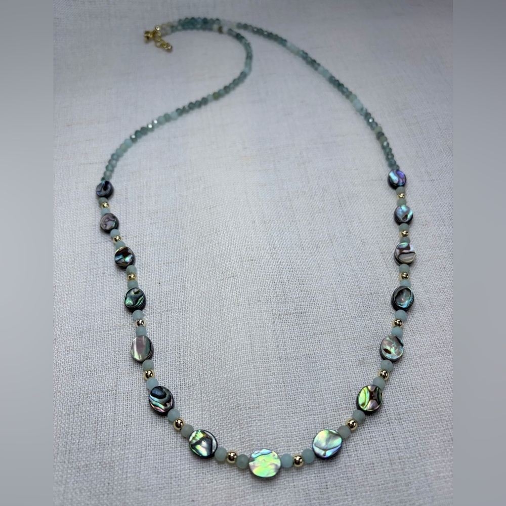 Abalone shell necklace,boho,apatite,amazonite & gold beads.Lobster, 29”-30”long